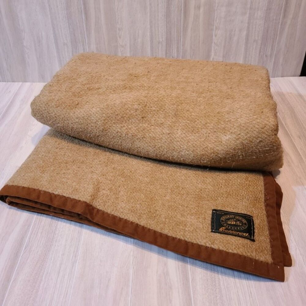 Vintage Fieldcrest Beige Acrylic Throw Blanket Textured Knit Fringe Edge